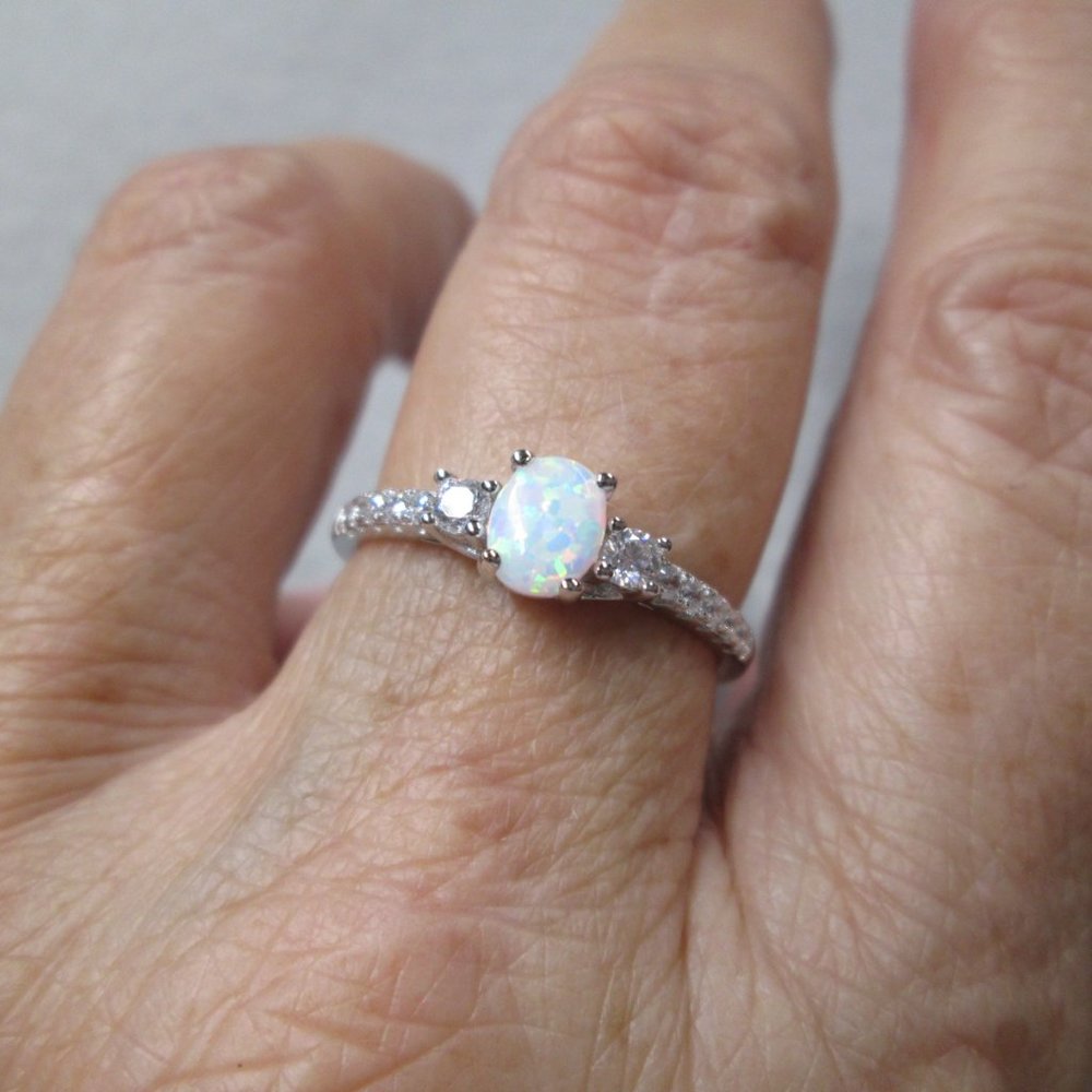 Dazzling Dainty 925 Sterling Silver OPAL Ring> Sparkling CZ's, Non Tarnish
